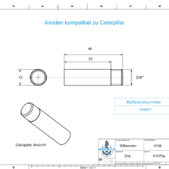 Pin anode & brass part 3/8'' NPT | Ø12/L40 (AlZn5In) | Caterpillar-Ref: 105627 & 6L2280 | 9158AL_M - Image 2