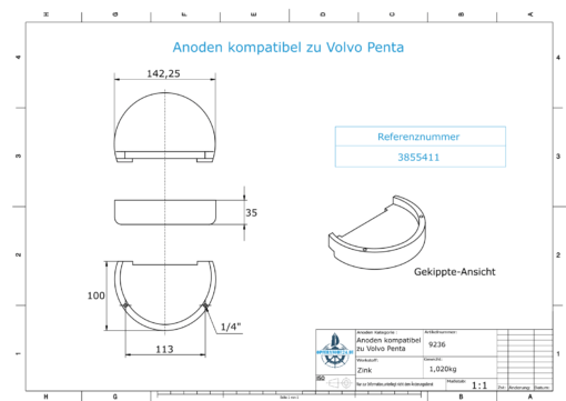 Anodi compatibili con Volvo Penta | Anodes de bloc Zn + Mg 3855411 (Zinco) | 9236