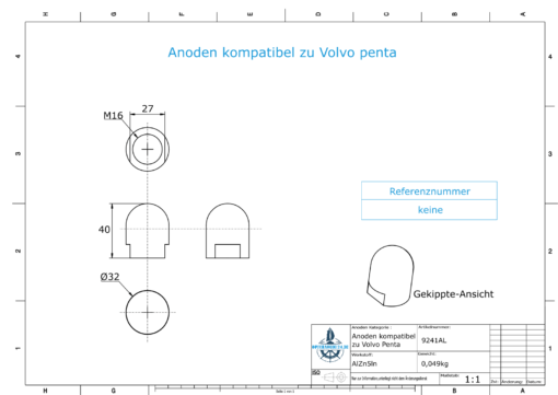 Anodes compatible to Volvo Penta | Cap-Anode M16x1,5 short (AlZn5In) | 9241AL