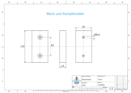 Block- and Ribbon-Anodes Block L120/62 (Zinc) | 9315