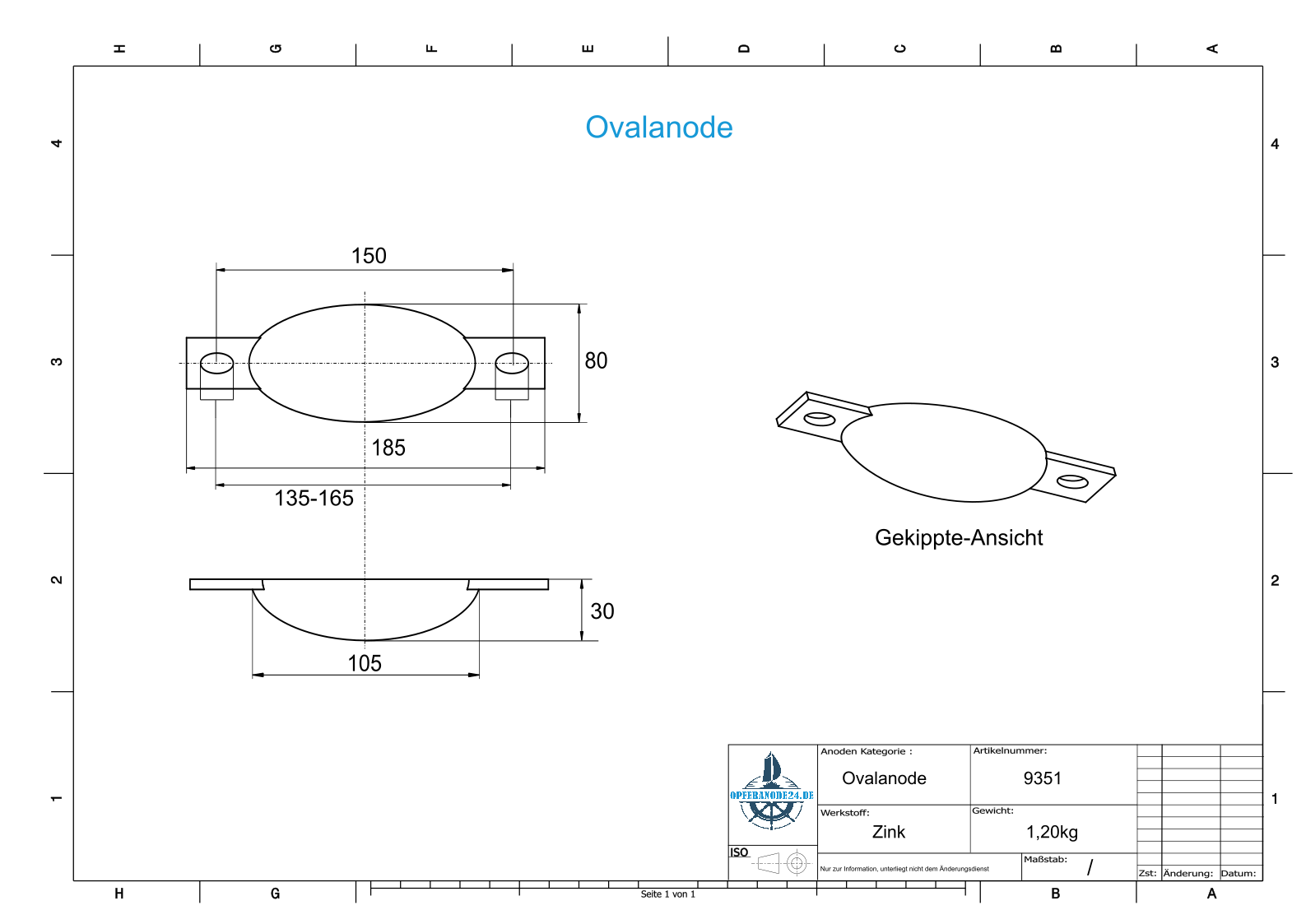 Block and body anodes oval L185/150 (zinc) | 9351 - Image 2
