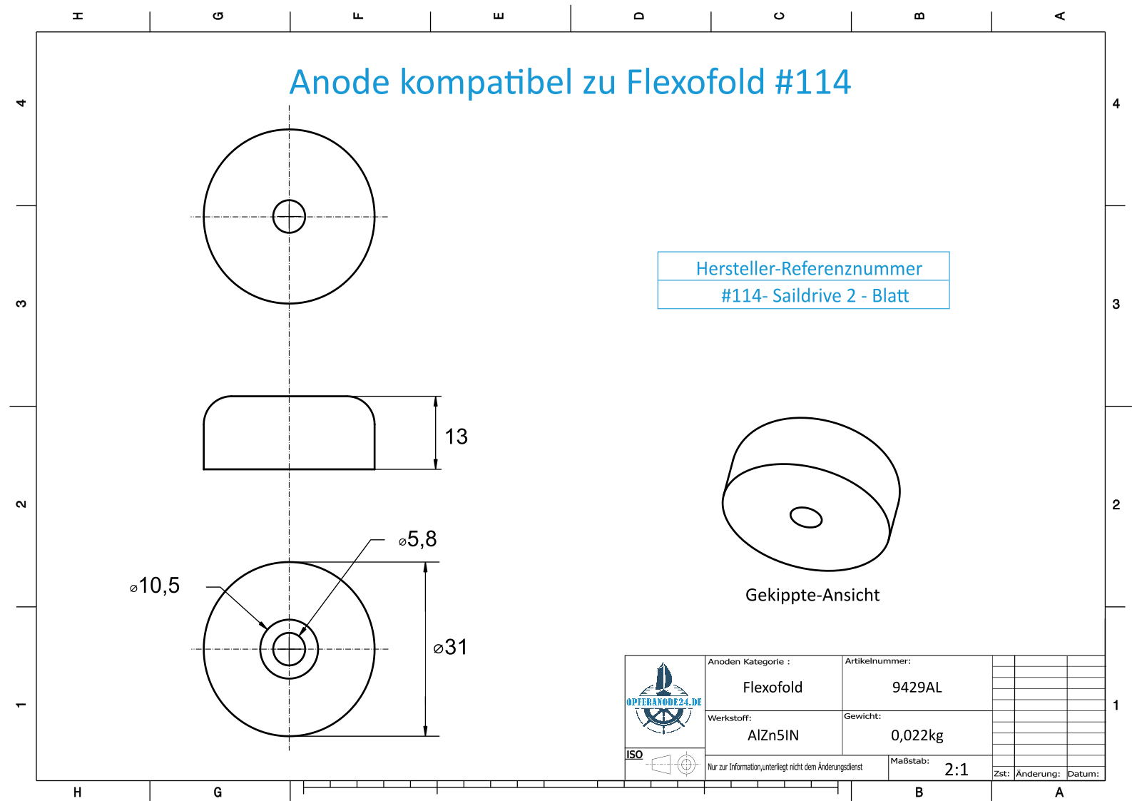 Anode compatible with Flexofold | 2-piece | Ø31x13 | AlZn5In | Small | Ref. #114 | 9429AL - Image 2